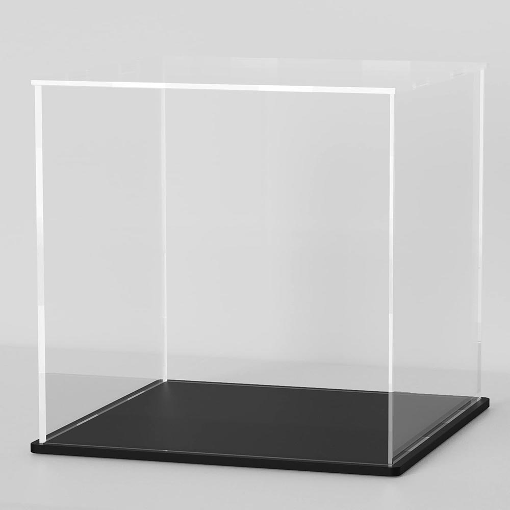 12-Inch Cube Clear Acrylic Display Case with Black Stand 12-Inch Cube Clear Acrylic Display Case with Black Stand