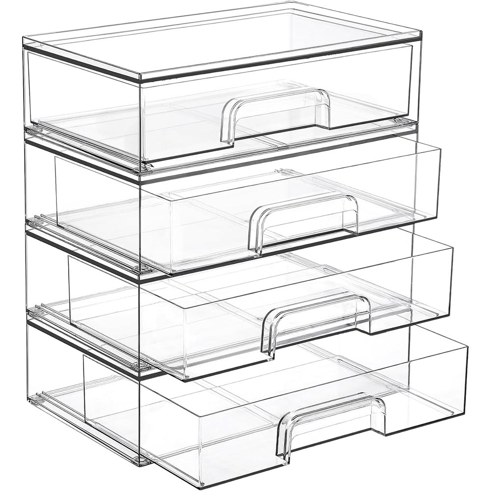 4-Pack Clear Stackable Plastic Storage Drawers for Makeup 4-Pack Clear Stackable Plastic Storage Drawers for Makeup