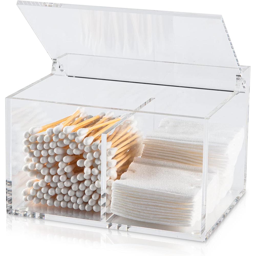 2-Grid Clear Acrylic Q-Tip & Cotton Ball Holder with Lid