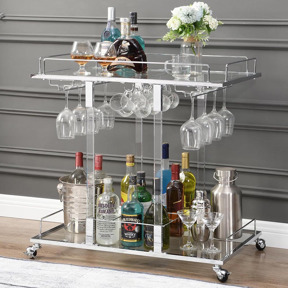 2-Tier Chrome & Acrylic Rolling Bar Cart with Wine Rack