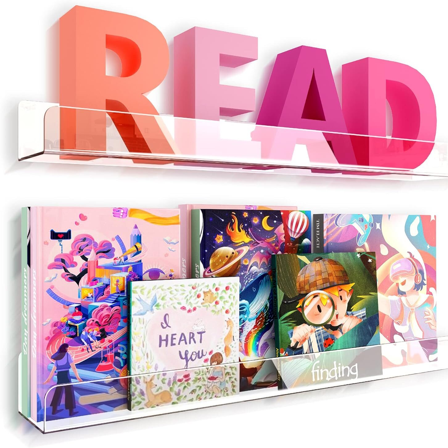 2-Pack 24″ Wall Mounted Clear Acrylic Kids Bookshelf 2-Pack 24″ Wall Mounted Clear Acrylic Kids Bookshelf