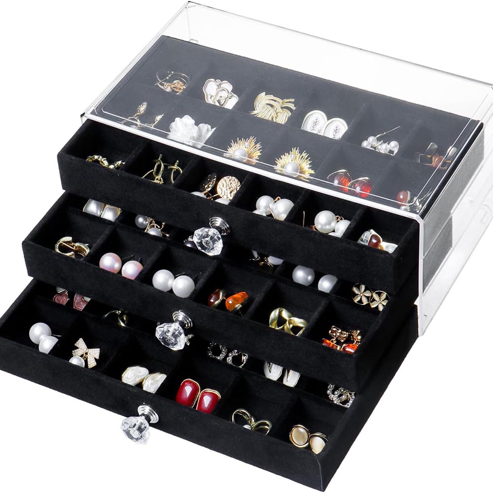 3-Drawer Clear Velvet Jewelry Storage Tray & Earring Organizer