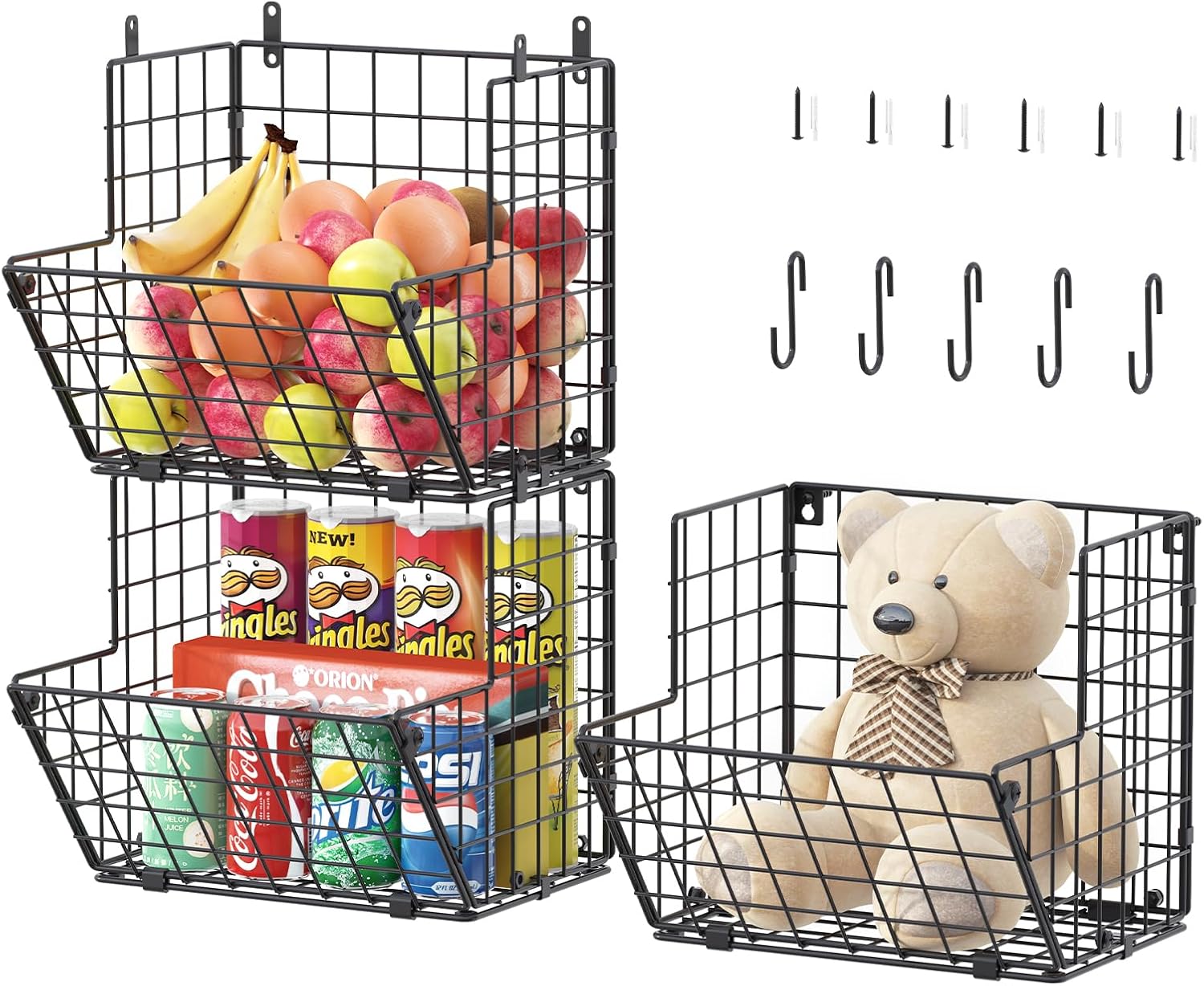 3-Tier Wall Mount Metal Wire Storage Basket with Hooks 3-Tier Wall Mount Metal Wire Storage Basket with Hooks