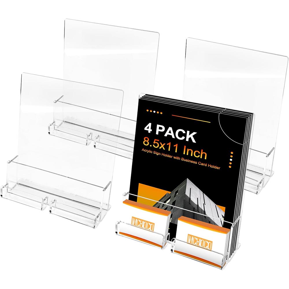 4-Pack 8.5×11″ Acrylic Brochure Holder with Business Card Pocket
