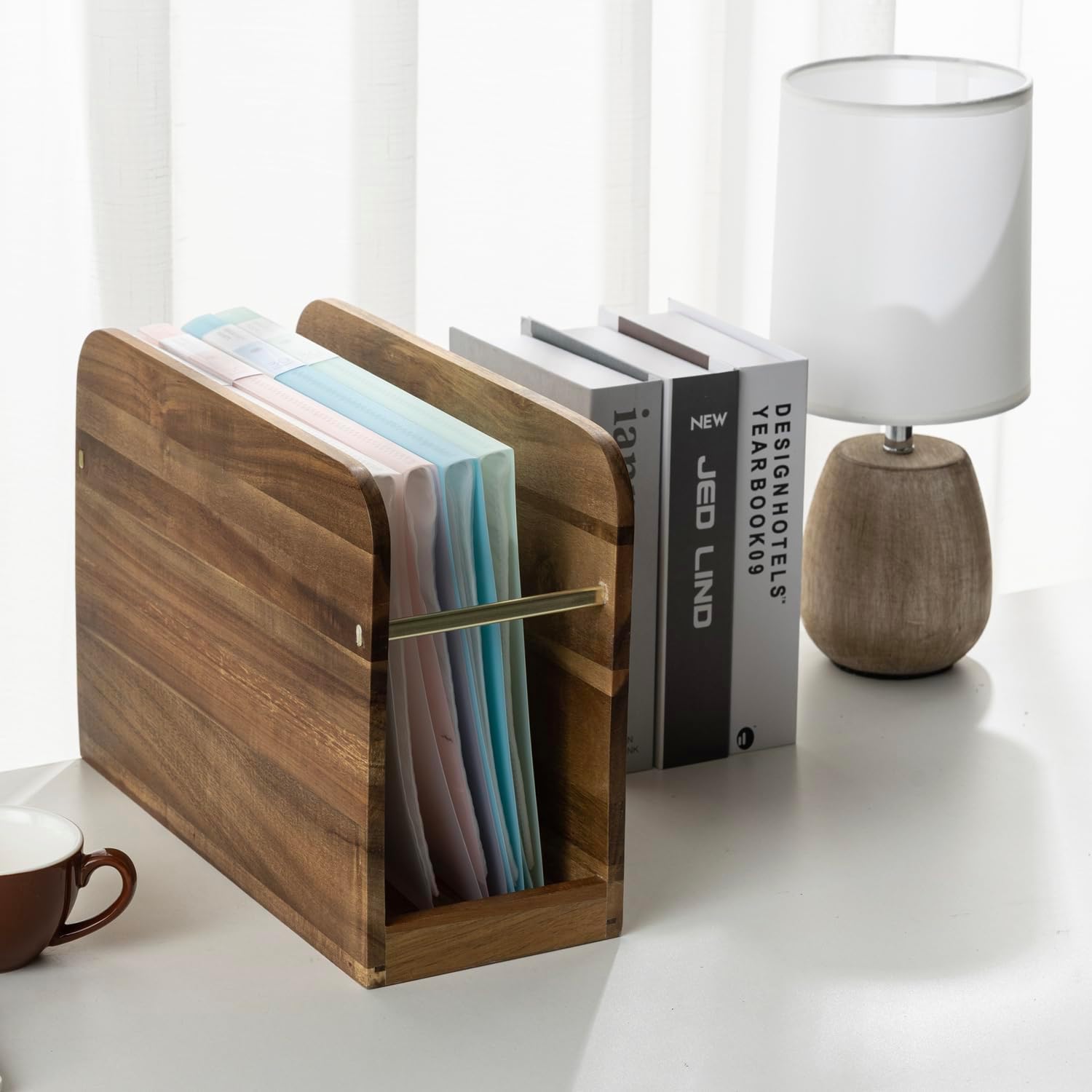 Solid Acacia Wood Tabletop Magazine Holder with Metal Accent Solid Acacia Wood Tabletop Magazine Holder with Metal Accent