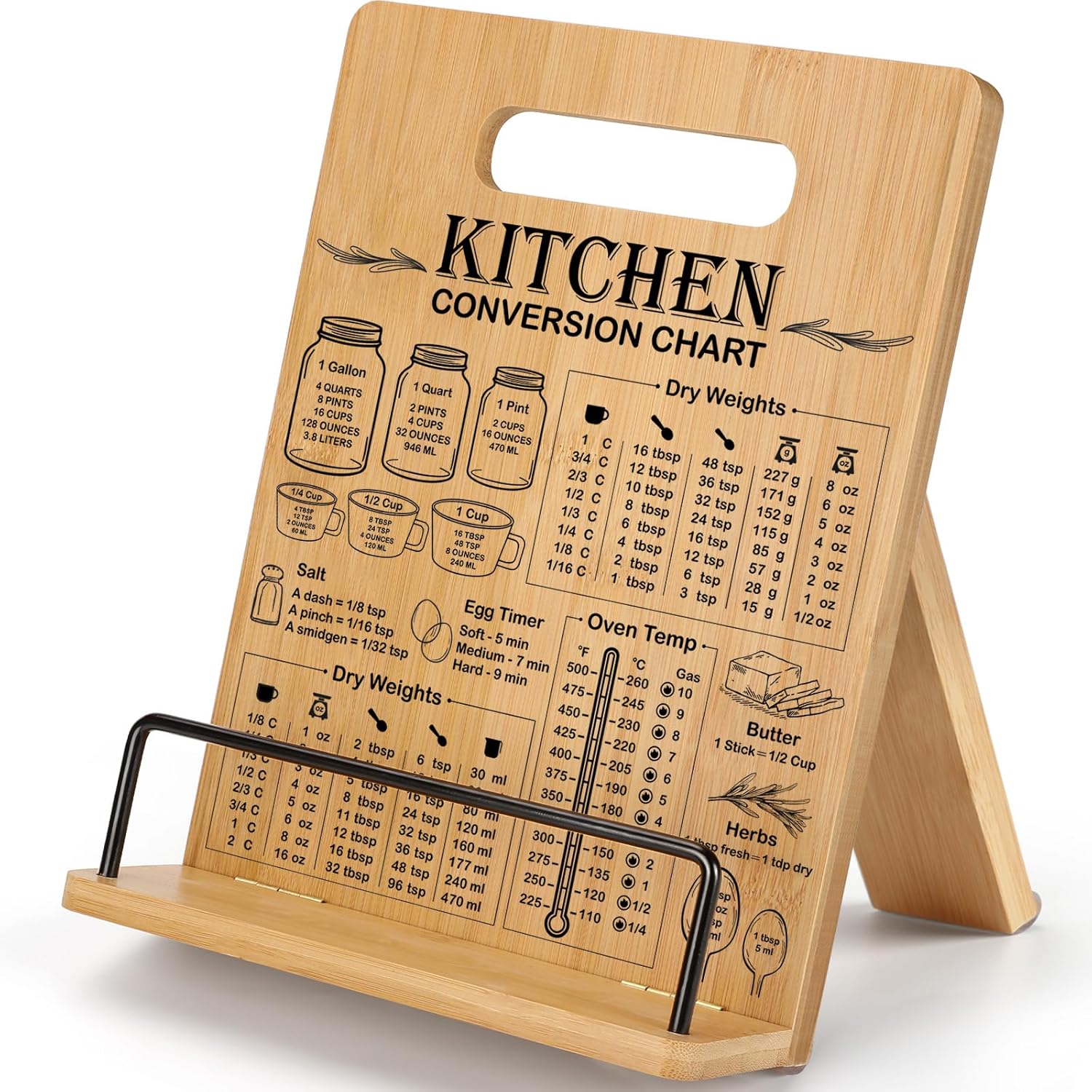 Bamboo Cookbook Stand with Measurement Conversion Chart