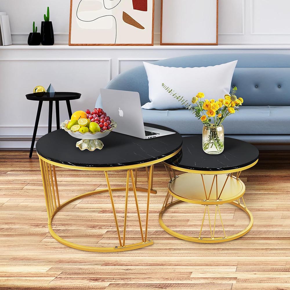 Set of 2 Round Nesting Coffee Tables (Marble & Gold) Set of 2 Round Nesting Coffee Tables (Marble & Gold)
