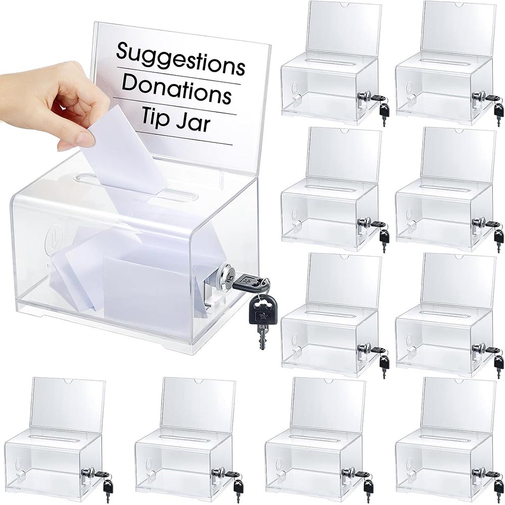 10-Pack Clear Acrylic Donation Box with Lock & Sign Holder 10-Pack Clear Acrylic Donation Box with Lock & Sign Holder