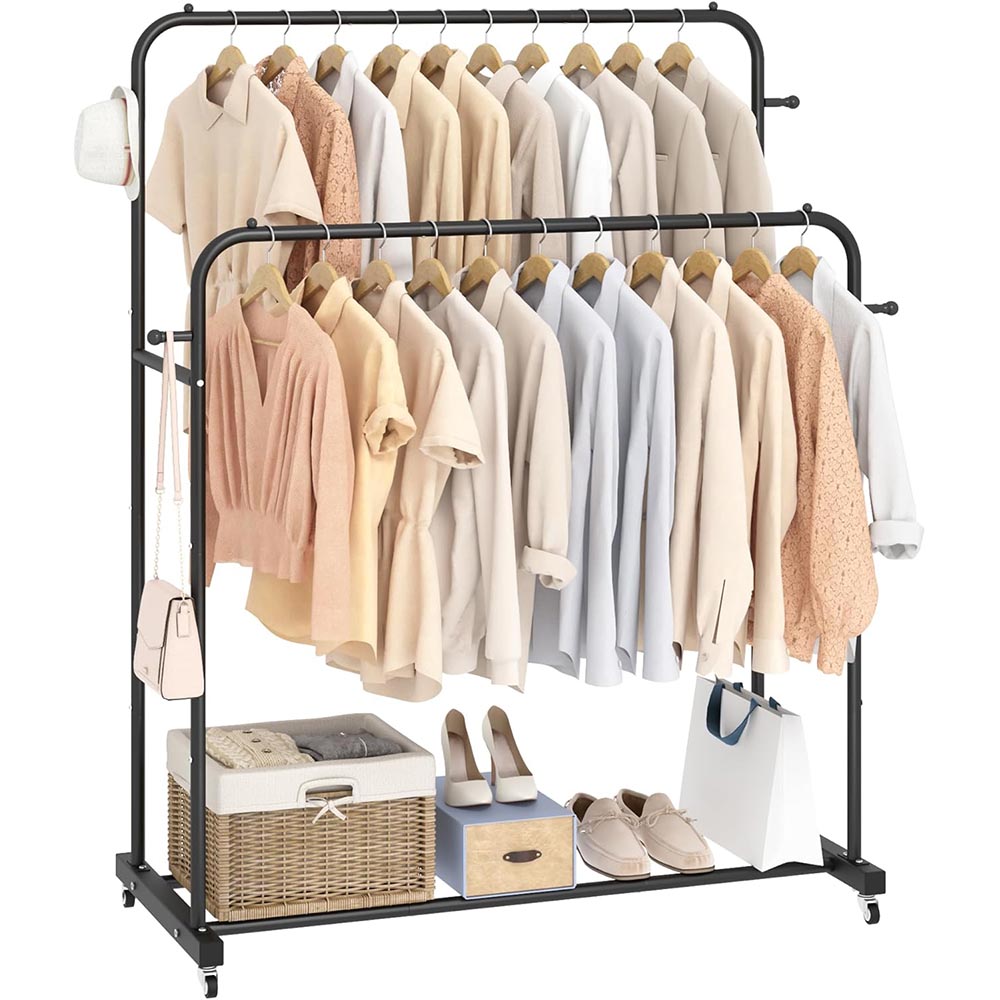 Double Rod Garment Rack with Wheels & 4 Hooks Double Rod Garment Rack with Wheels & 4 Hooks