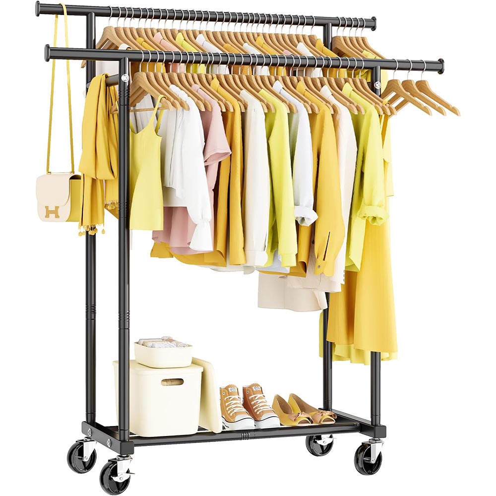 Double Rod Rolling Clothing Rack for Hanging Clothes Double Rod Rolling Clothing Rack for Hanging Clothes