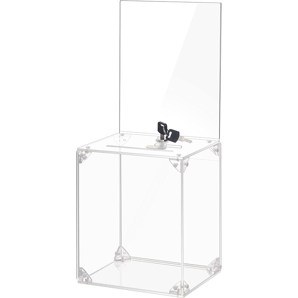 Large Tall Acrylic Donation Box with Lock & Sign Holder Large Tall Acrylic Donation Box with Lock & Sign Holder