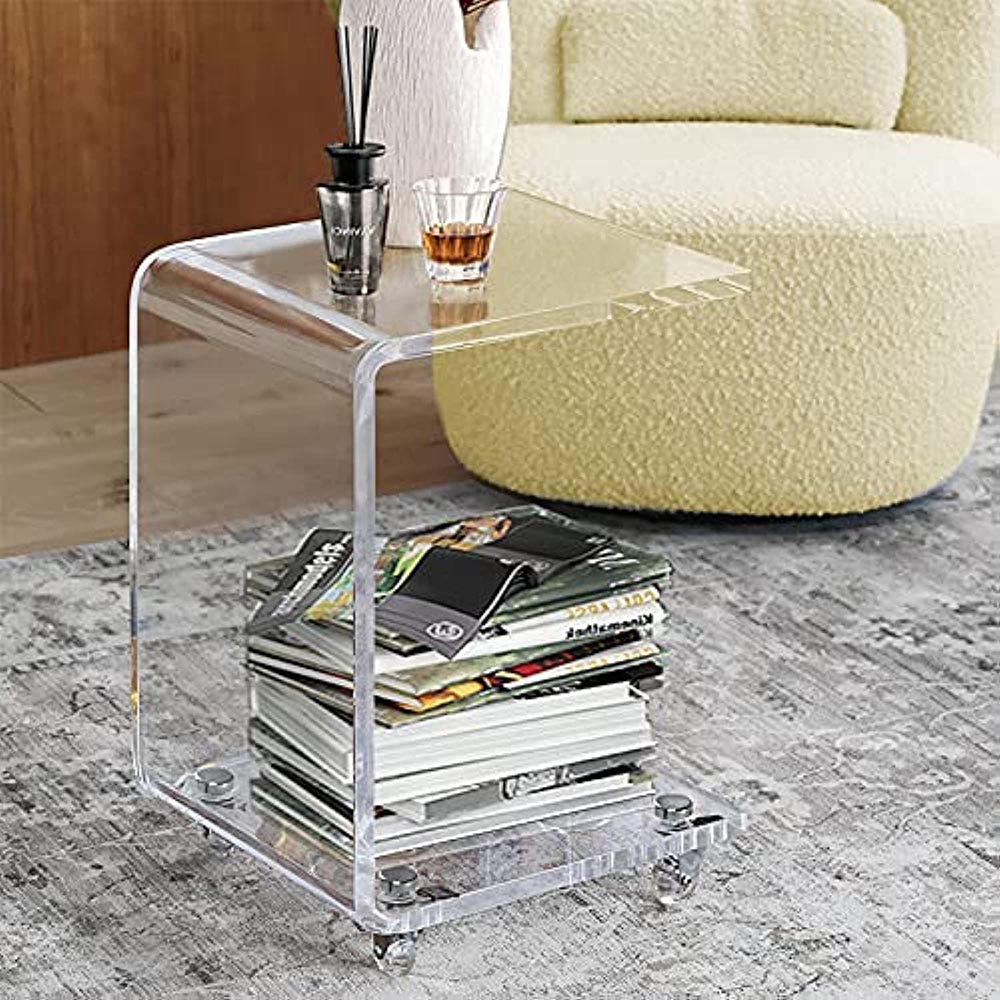 Mobile C-Shaped Acrylic Sofa Side & Snack Table on Wheels Mobile C-Shaped Acrylic Sofa Side & Snack Table on Wheels