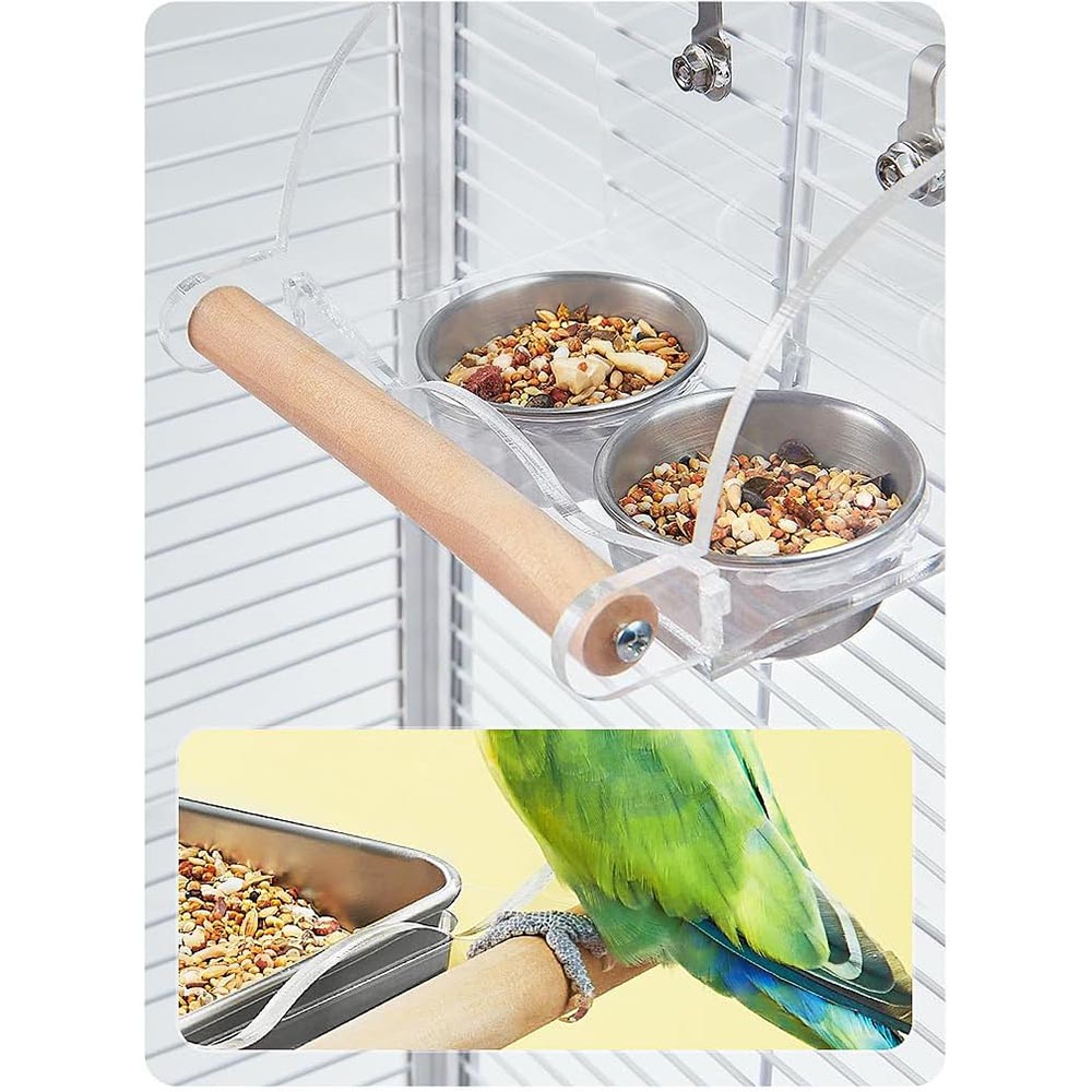No-Mess Bird Feeder with Dual Bowl & Wood Perch No-Mess Bird Feeder with Dual Bowl & Wood Perch
