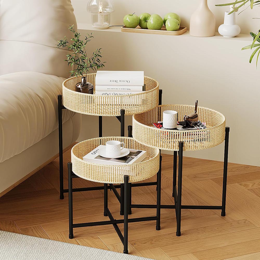Set of 3 Rattan & Metal Round Nesting Side Tables Set of 3 Rattan & Metal Round Nesting Side Tables